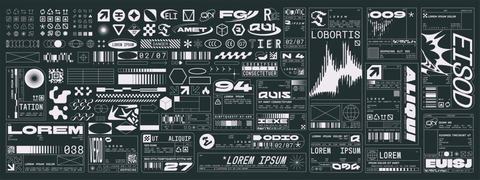Retro futuristic industrial labels, packaging and warning symbols, fake logos, dystopian sci-fi elements. Cyberpunk decals, technical labels, product package tags, brutalism tech stickers vector set