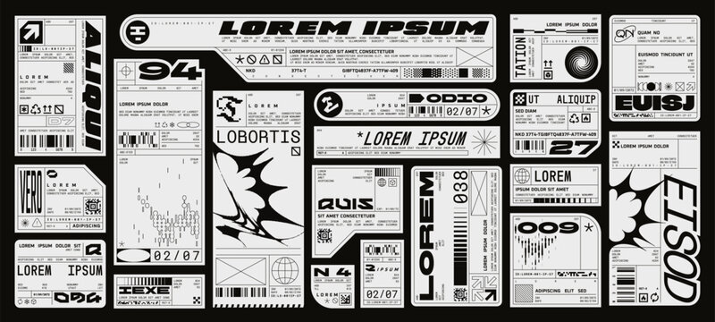 Retro futuristic industrial labels, cyberpunk aesthetics decals. Fake product sticker, cargo label, packaging tags with barcodes and technical symbols, brutalism sci-fi tech stickers vector set