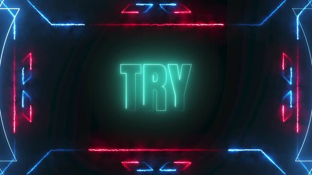 Glowing TRY neon text animation with futuristic red and blue frames and bright dynamic lighting on a dark pumice stone texture, 4k video