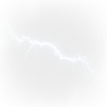 Blue and white bright lightning bolt isolated on transparent background with electric energy effects seen during a storm at night, light overlay, PNG