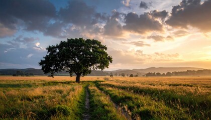 Fototapeta premium Tranquil countryside view featuring a solitary tree in a golden field under a cloudy sky at sunset ideal for travel nature and landscape projects