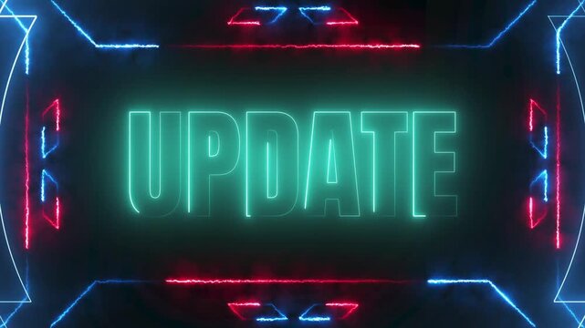 Dynamic UPDATE text glowing neon animation with futuristic red and blue borders and bright lighting on a dark flint stone wall, 4k video