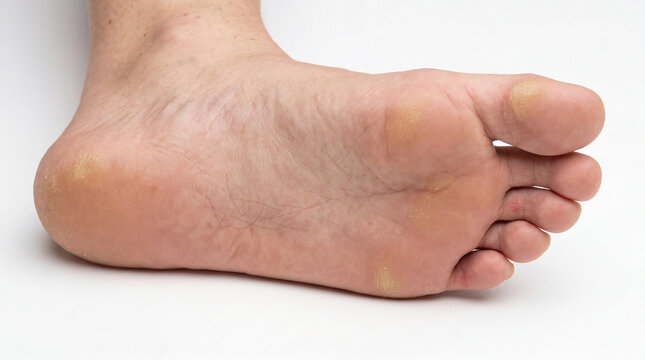 Bare foot unveils a landscape of skin, showcasing its natural resilience and points of daily stress on a pristine white stage