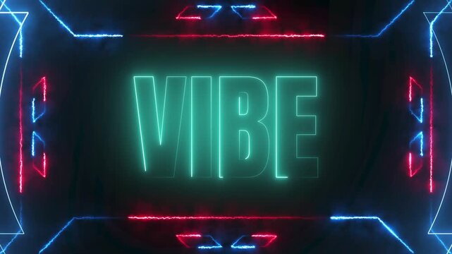 Glowing VIBE typography neon animation featuring futuristic frames and vibrant dynamic lighting on a dark limestone stone surface, 4k video