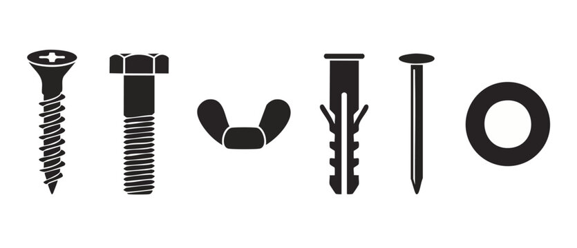 Hardware Fasteners Icons Set, Screws Bolts And Nails Collection, Industrial Construction Equipment And Metal Fixing Tools Vector Silhouette Graphics For Engineering Workshop Maintenance And Repair Pro