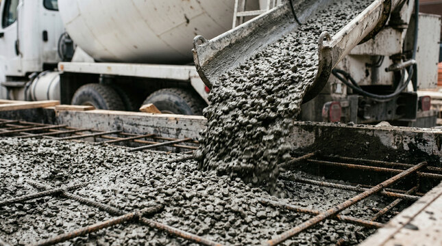 Close-up of a white concrete mixer truck pouring fresh liquid ready-mixed concrete through a chute at a construction site, industrial building process concept
