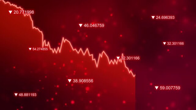 Red decreasing stock market graph chart symbolizing economic recession, financial crisis, investment loss, money decline, and business bankruptcy concept