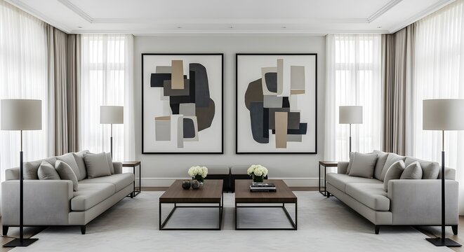 A pristine, modern living room showcases elegant grey sofas, striking abstract wall art, and minimalist furniture, creating a luxurious symmetrical interior.