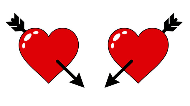 Minimalist vector illustration of two red hearts pierced by arrows, symbolizing heartbreak or love pain. Ideal for Valentine's Day, relationship themes, emotional content, and romantic marketing mater