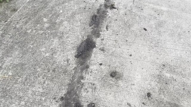 Muddy Motorcycle Tire Tracks on Concrete Road