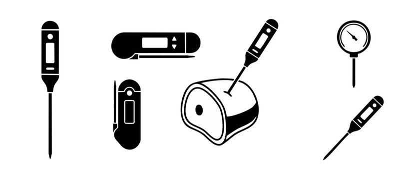 Meat Thermometer Icons Set Digital Cooking Tools for Food Safety and Kitchen Temperature Measurement Illustration in Minimalist Black Silhouette Vector Style for Culinary Grilling and Culinary Prepara