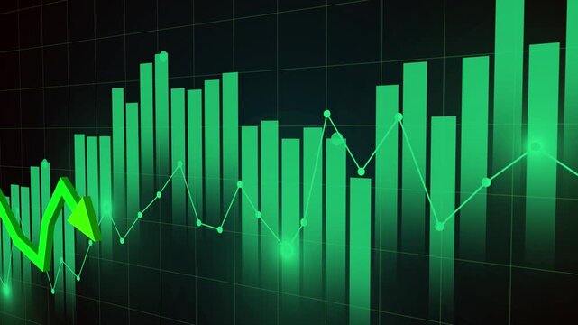 Green arrow rising uptrend on stock market exchange display showing financial growth volume bar and number price, business profit, value increase, and investment performance report concept