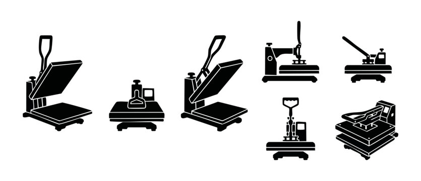 Heat Press Machine Icons Set, T-Shirt Printing Equipment Silhouette, Professional Sublimation Apparel Tools for Textile Customization, Flat Vector Illustration Isolated on White Background for Busines