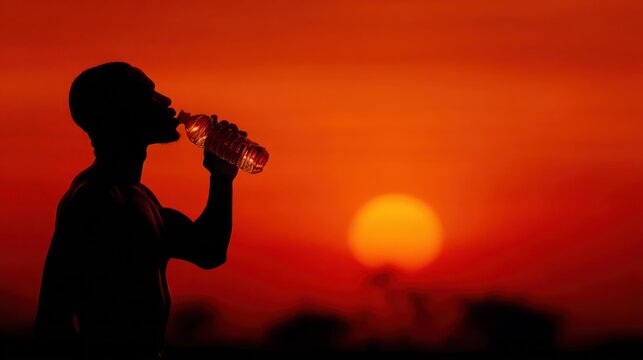 Silhouette of a person drinking water against a vibrant sunset sky
