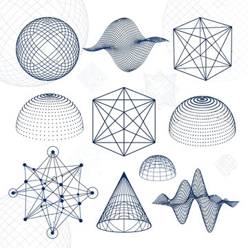 A collection of 3D wireframe geometric shapes on a white background including a sphere cube and various mathematical models