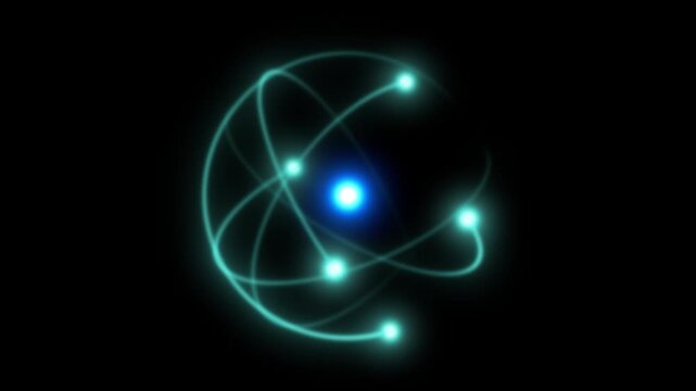 Futuristic atomic particle energy concept showing quantum physics molecular structure, nuclear fusion, electron orbit, cosmic science, and nanotechnology power system visualization