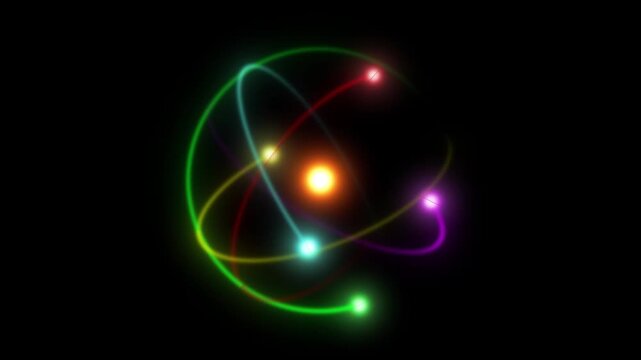 Futuristic atomic particle energy concept showing quantum physics molecular structure, nuclear fusion, electron orbit, cosmic science, and nanotechnology power system visualization
