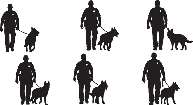 Black Solid K9 Police Officer Dogs Silhouettes Set of Six on White Background