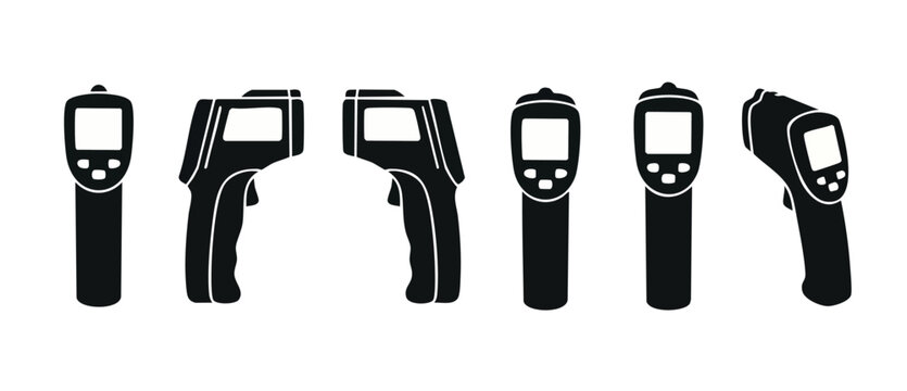 Infrared Thermometer Gun Icon Set, Digital Temperature Measurement Tools for Industrial Safety and Health Screening, Isolated Vector Black Silhouette Graphics Collection for Medical and HVAC Diagnosti