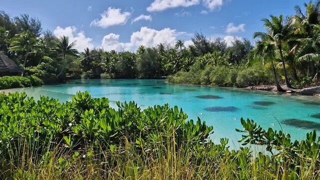 Bora Bora Island, French Polynesia. Lagoon and Tropical Lush of Luxury Resort