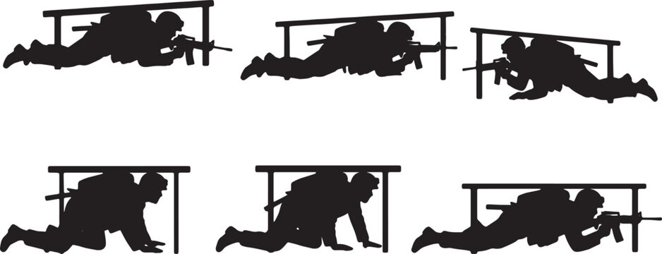 Black Solid Marine Soldiers Crawling Silhouettes Set of Six on White Background