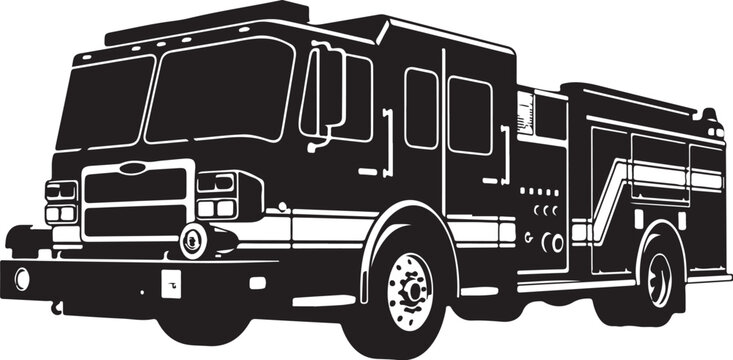 Fire truck, emergency vehicle, rescue car, black and white illustration, vector graphics