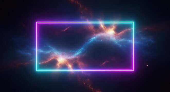 Vibrant neon rectangle frame with colorful galaxy background and stars