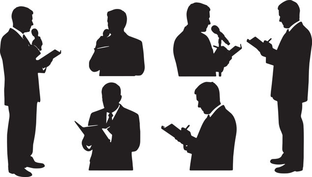 Black Solid Media News Journalist Silhouettes Set of Six on White Background