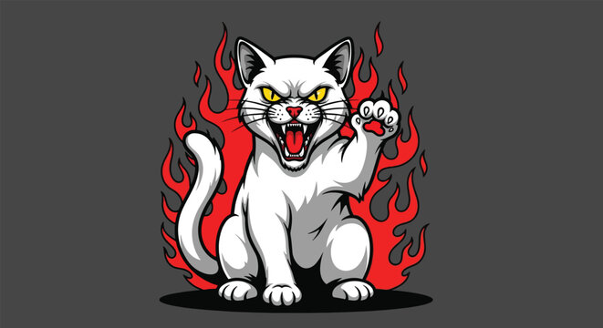 Fierce White Cat with Angry Eyes and Flames.