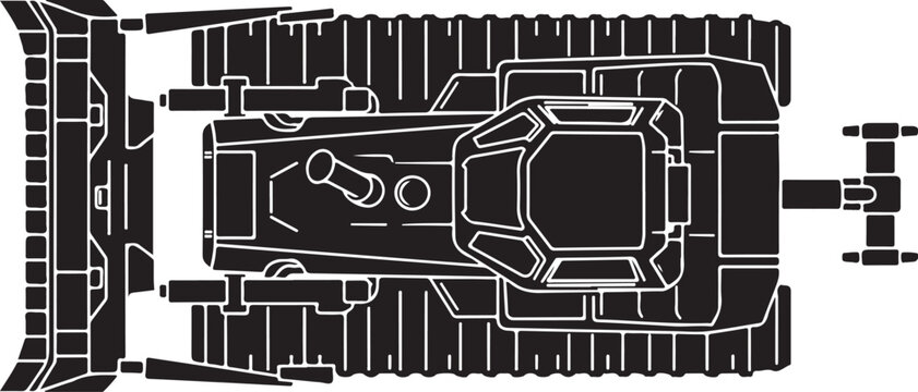 Futuristic robot tank, sci-fi vehicle, black and white illustration, mechanical design, vector graphics