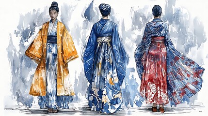Fototapeta premium Three women wearing traditional Japanese kimonos in different colors and patterns on a watercolor background