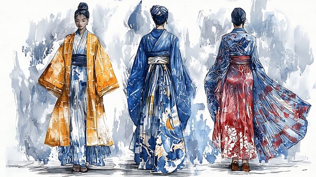 Three women wearing traditional Japanese kimonos in different colors and patterns on a watercolor background