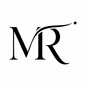 Black MR monogram logo with curved line on white background flat illustration