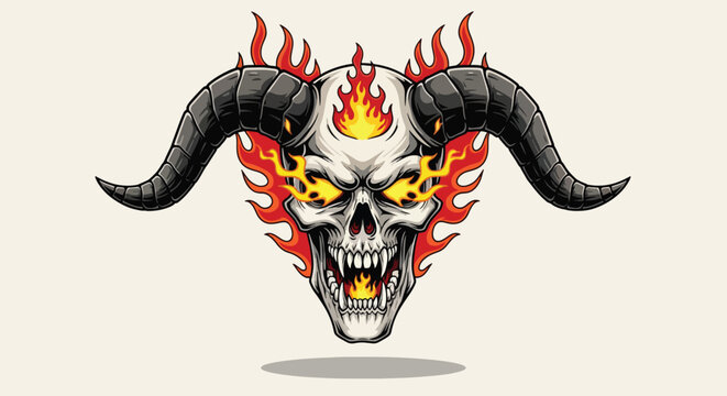 Fiery Demon Skull with Horns and Flames.
