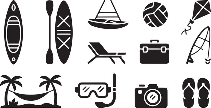A collection of black silhouette representing summer vacation activities, featuring a kayak, paddle, sailboat, beach ball, kite, lounge chair, cooler, windsurfer, hammock, snorkel, camera, and