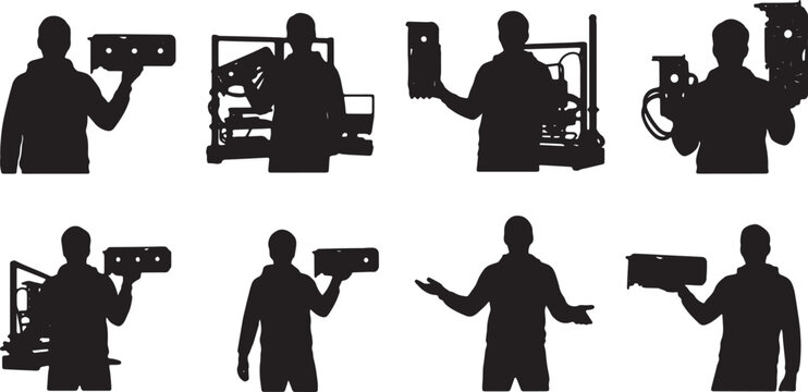 Black Solid Graphics Card Reviewer Camera Silhouettes Set of Six on White Background