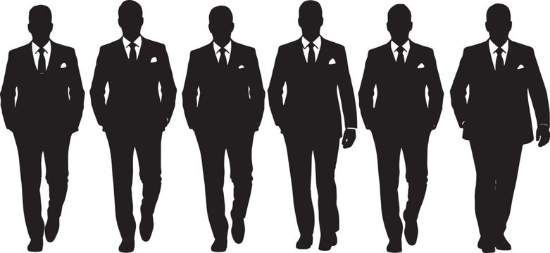Black Solid Groomsmen Pocket Hand Swaggering Walking Silhouettes Set of Six on White Background