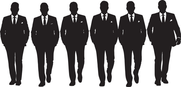 Black Solid Groomsmen Pocket Hand Swaggering Walking Silhouettes Set of Six on White Background
