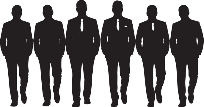 Black Solid Groomsmen Pocket Hand Swaggering Walking Silhouettes Set of Six on White Background