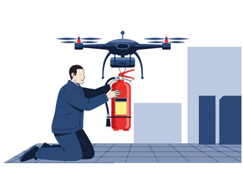 Naklejka premium A firefighter uses an extinguisher drone to combat a simulated emergency. Modern, illustrative style. Clear composition, focused on the tool and action.