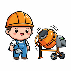 Fototapeta premium Cute cartoon construction worker in hard hat with cement mixer illustration, representing building and labor industry jobs
