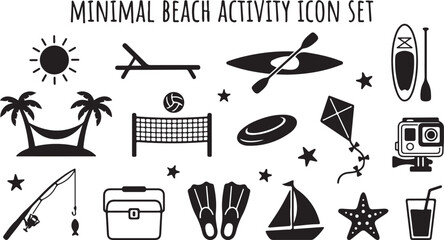 Minimalist black and white beach activity set featuring a sun, hammock, kayak, volleyball net, surfboard, kite, fishing rod, cooler, flippers, sailboat, starfish, and tropical drink © Mollah