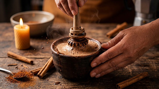 Warm cacao elixir skillfully frothed with a traditional molinillo on a rustic wooden table by candlelight