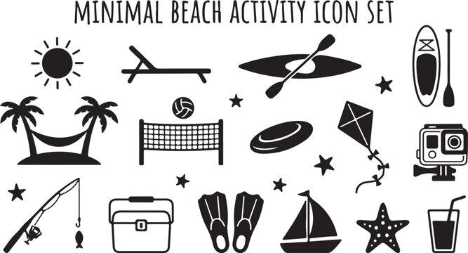 Minimalist black and white beach activity set featuring a sun, hammock, kayak, volleyball net, surfboard, kite, fishing rod, cooler, flippers, sailboat, starfish, and tropical drink