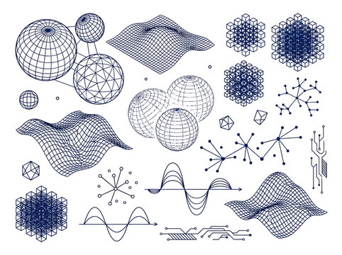 A collection of blue wireframe 3D geometric shapes and mathematical graphs on a white background, including spheres, cubes, and waveforms, illustrating complex scientific and technological concepts.