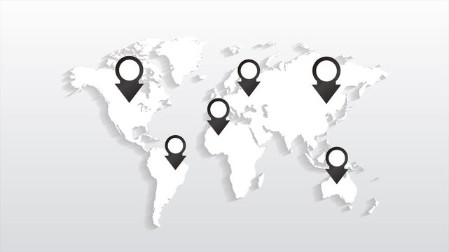 Icons showing the geographical locations of continents on a world map. Flat-art style vector animations depicting statistical data about the planet