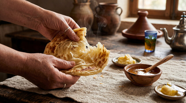 Warm golden flatbread tearing in skilled hands, ready for a delightful Moroccan breakfast in a cozy traditional setting