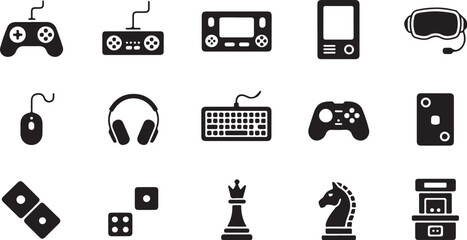 Set of black gaming and entertainment featuring game controllers, handheld consoles, vr headset, computer peripherals, playing cards, dice, chess pieces, and an arcade machine cabinet © Mollah