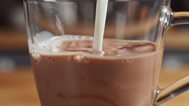 A stream of creamy milk is poured into a mug of dark coffee, creating a swirling blend.