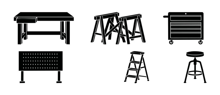 Workshop Furniture Icons Set: Workbench, Sawhorse, Tool Chest, Pegboard, Ladder, and Stool. Professional equipment and garage storage collection for industrial design, renovation, and DIY construction